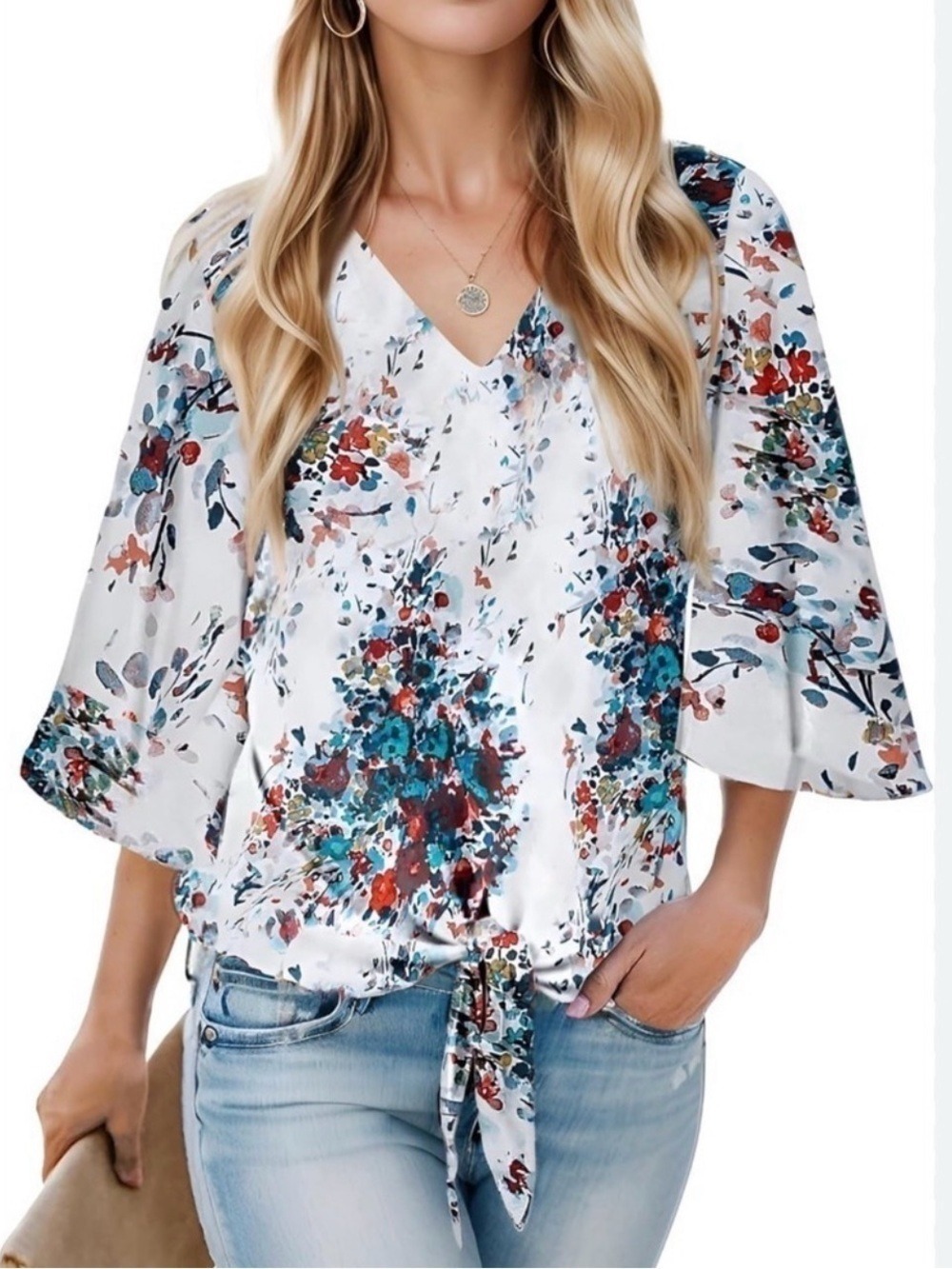 Lovestitch boho kimono Vneck tie front floral womens relaxed fit top Medium